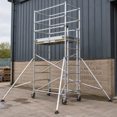 Mobile alloy access tower assembled on level ground