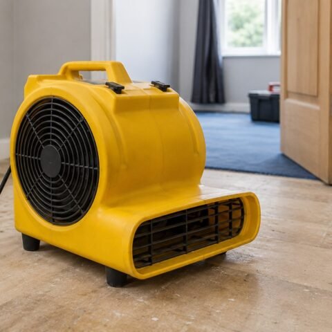 Commercial carpet dryer air mover positioned over a clean floor