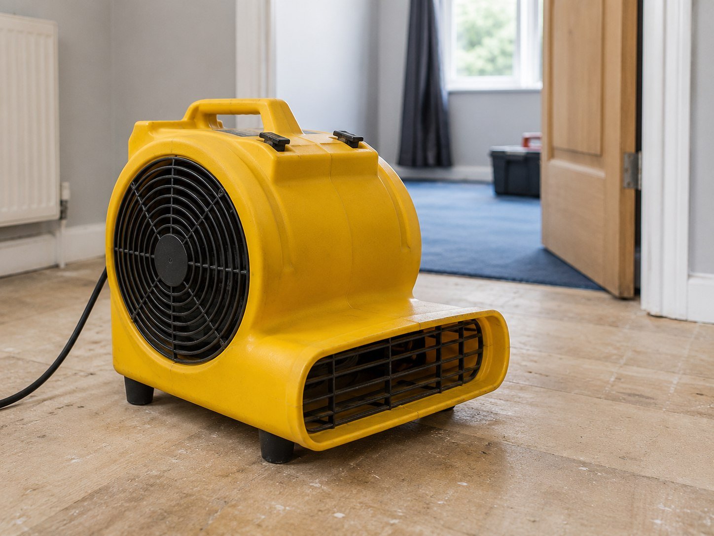 Commercial carpet dryer air mover positioned over a clean floor