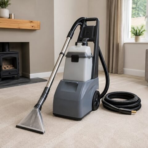 Professional carpet extraction cleaner ready for work in a living room