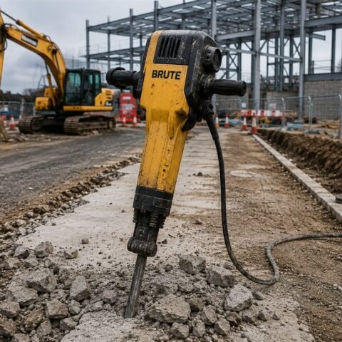 Hydraulic breaker positioned on a roadworks site