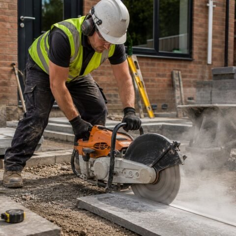 Operator cutting paving with a petrol disc cutter