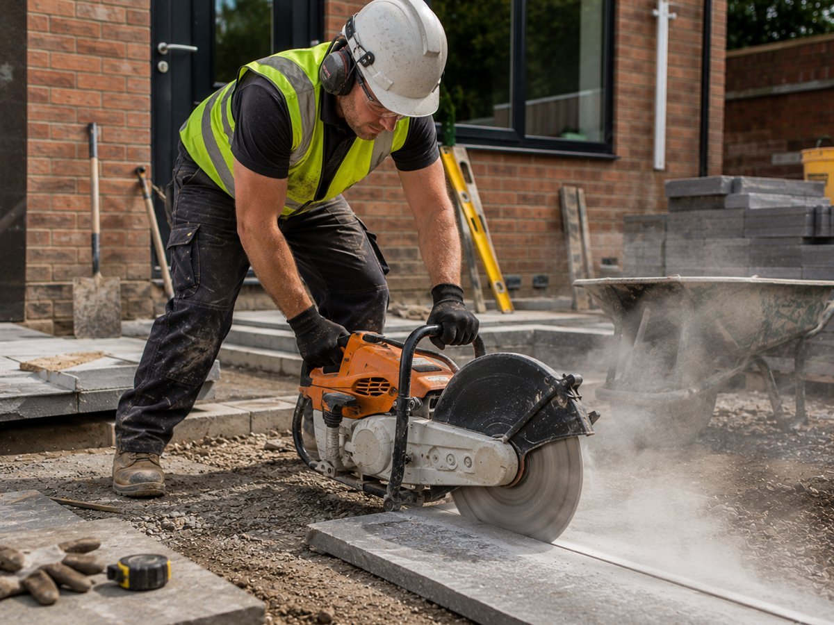 Operator cutting paving with a petrol disc cutter