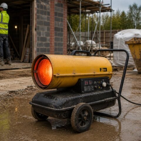 Portable site heater outside a building under construction