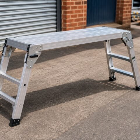 Compact aluminium folding work platform with locked legs