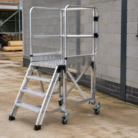 Guarded mobile aluminium podium step platform on level ground