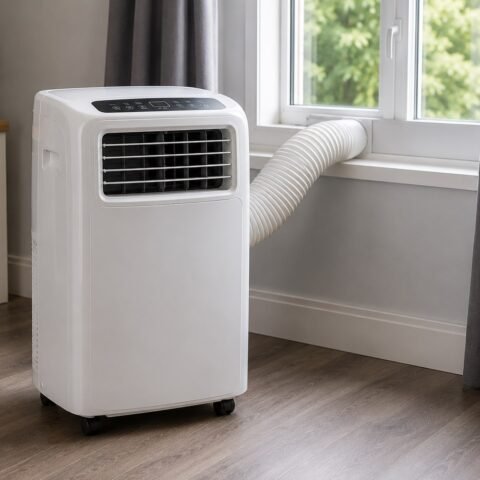 Portable air-conditioning unit with its exhaust duct routed through a window