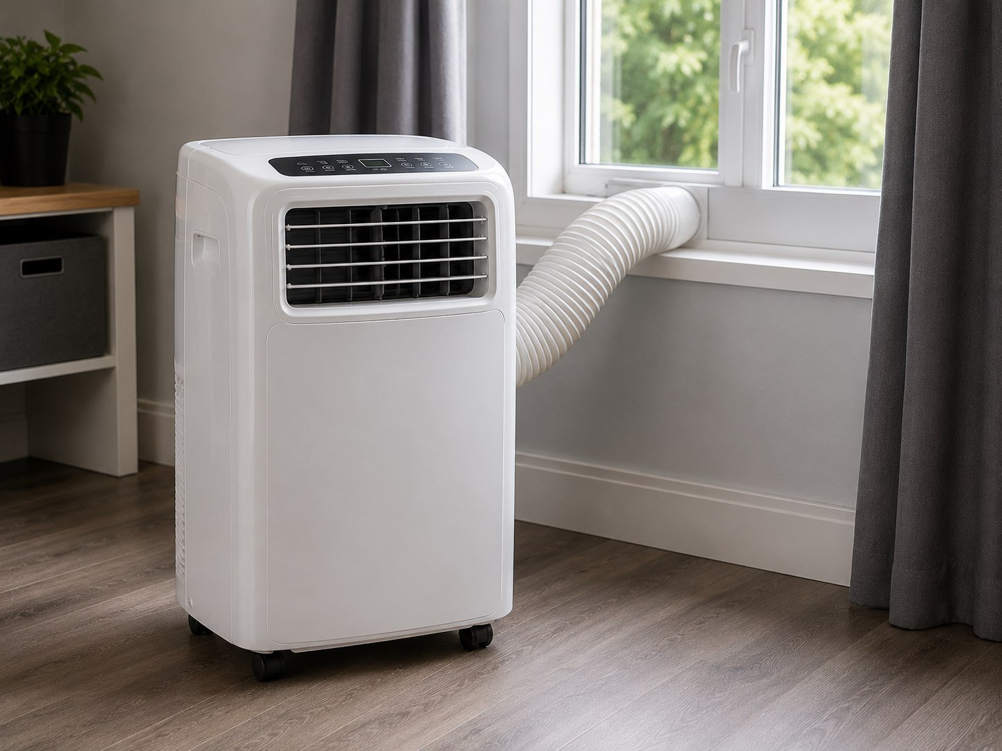 Portable air-conditioning unit with its exhaust duct routed through a window