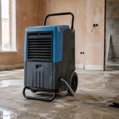 Portable building dehumidifier ready for drying a renovation room