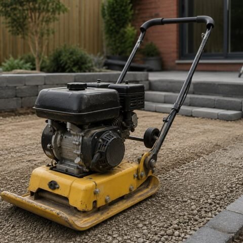 Petrol plate compactor positioned on prepared gravel