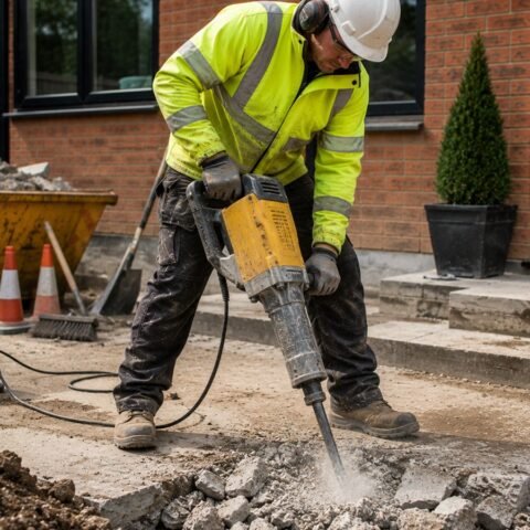 Operator using a heavy-duty road breaker on a concrete driveway