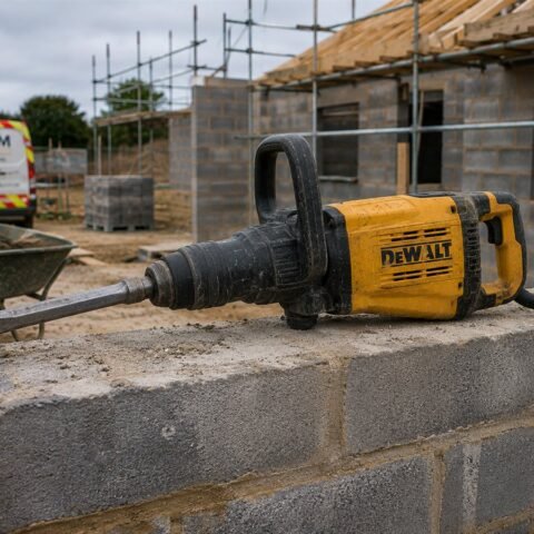 Electric demolition hammer resting on blockwork at a building site