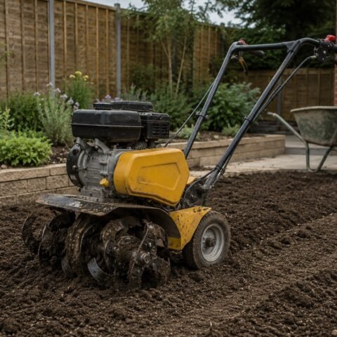Petrol garden rotavator standing on freshly cultivated soil