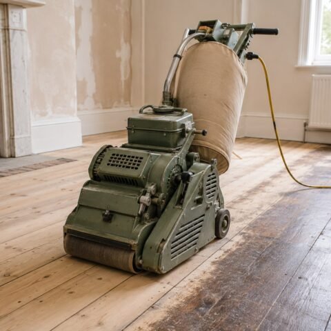 Professional floor sander positioned on timber floorboards
