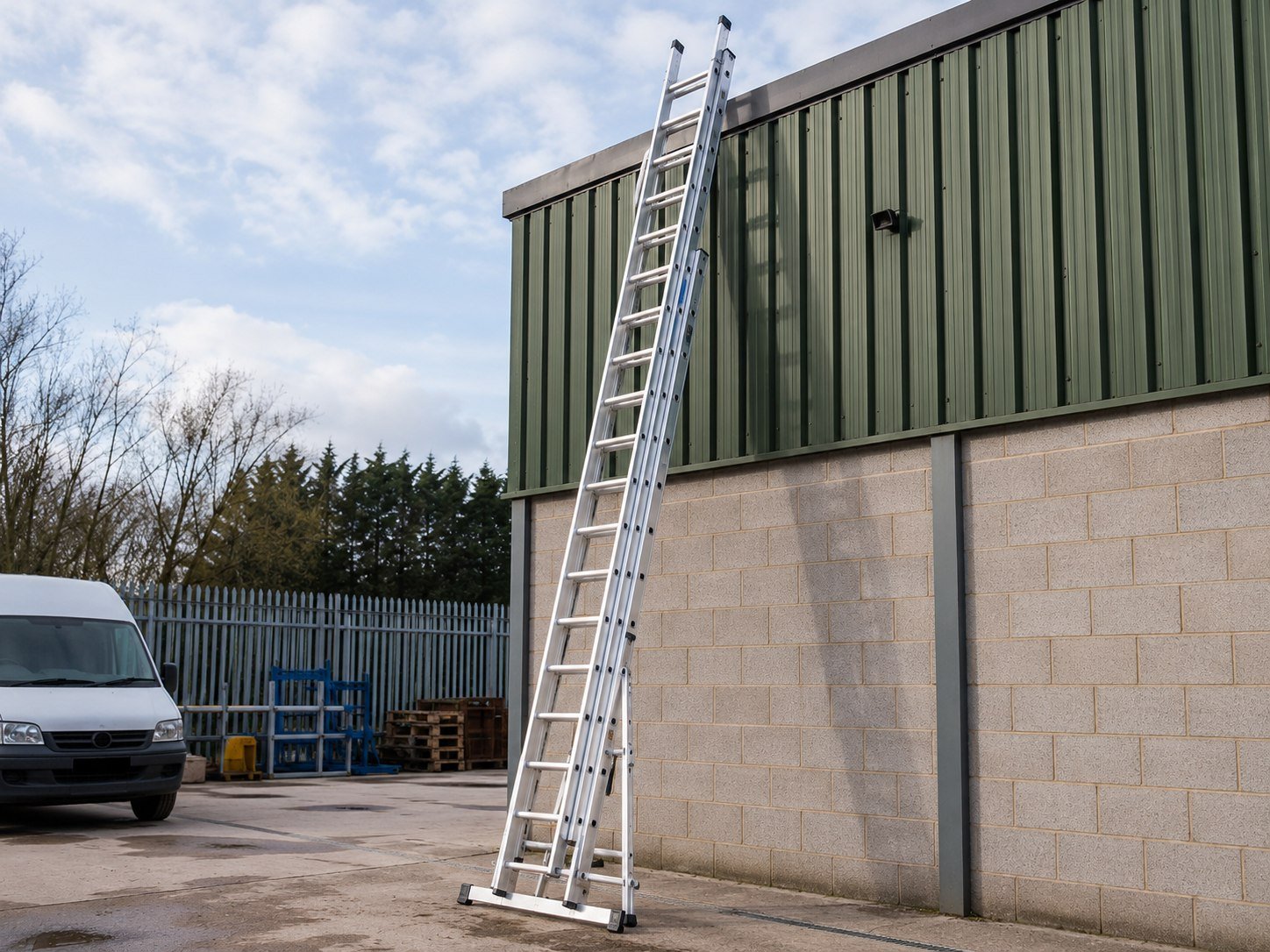 Trade aluminium triple extension ladder stored securely in a hire yard
